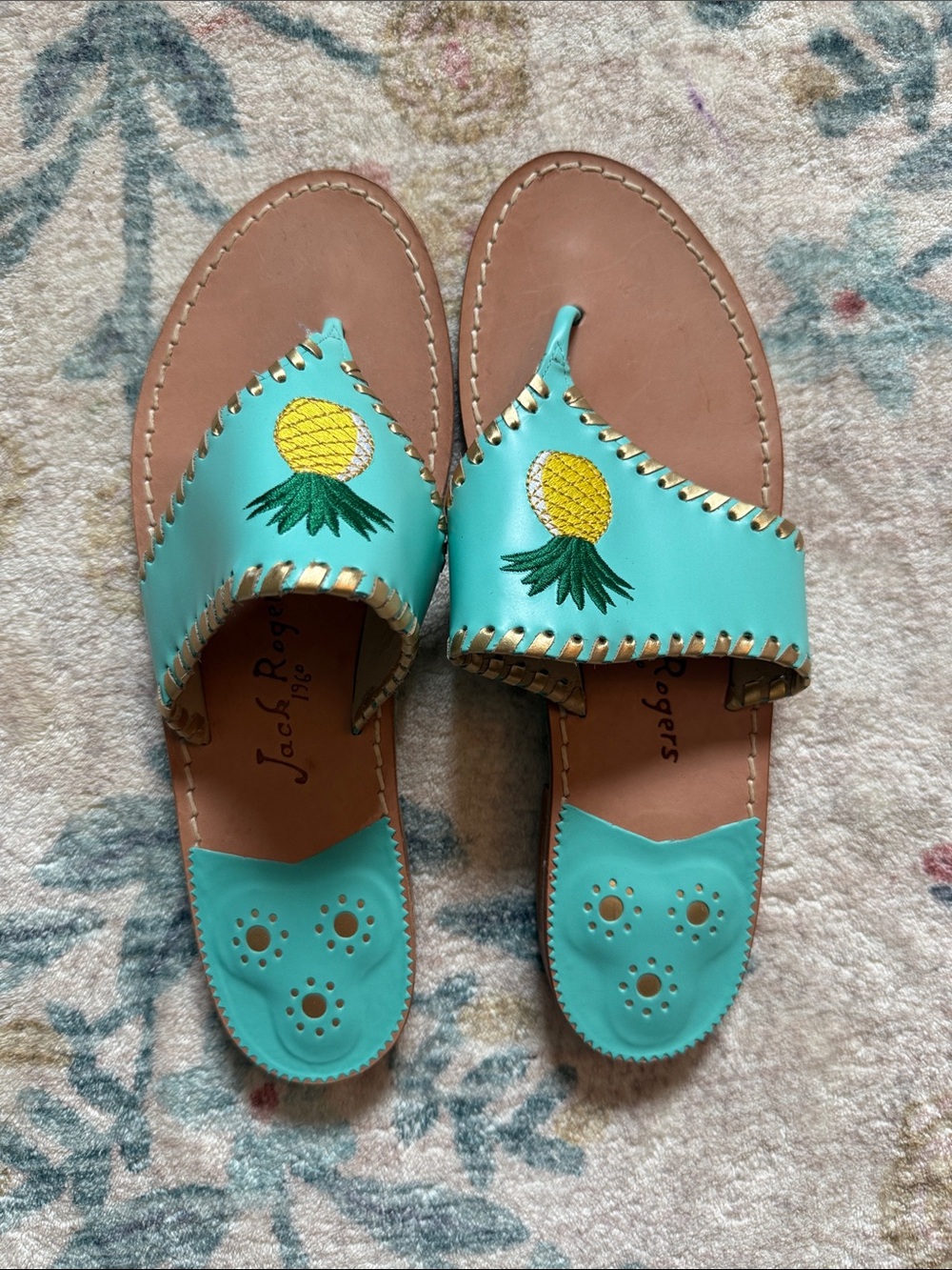 Jack Rogers Turquoise Leather Pineapple Slide Sandals
